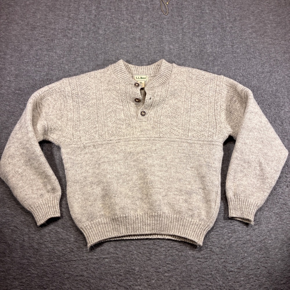 Vintage L.L. Bean Henley Fisherman Sweater Mens L Gray‎ Wool Scotland Distressed